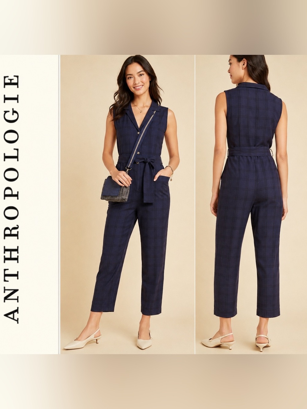 Anthropologie Brielle Navy Plaid Belted Sleeveless‎ Jumpsuit Size Small